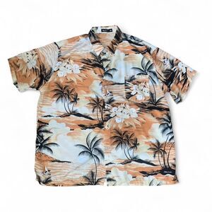 Han Ton Men's Orange and White Hawaiian Shirt with Palm Trees SZ XL